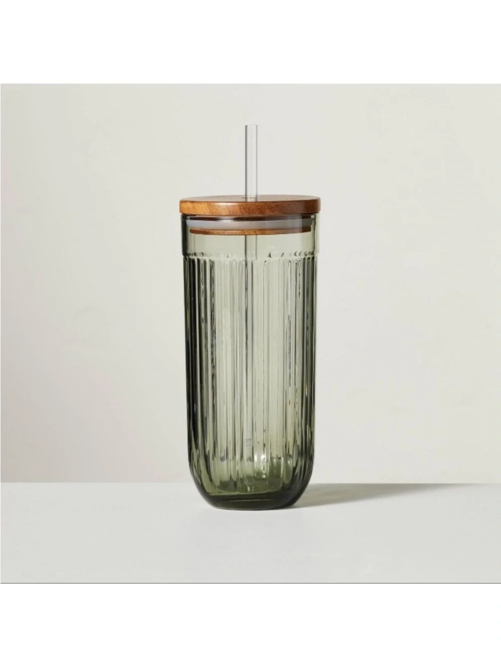 Hearth & Hand 21oz Green Fluted Glass Tumbler with Wood Lid NEW